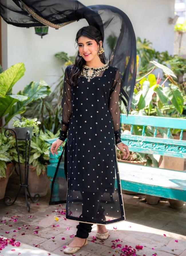 Georgette Black Traditional Wear Embroidery Work Readymade Kurti Set